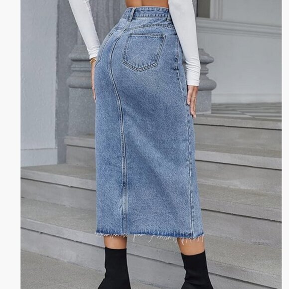 Midi Jean Skirt, Split Hem - Picture 2 of 8